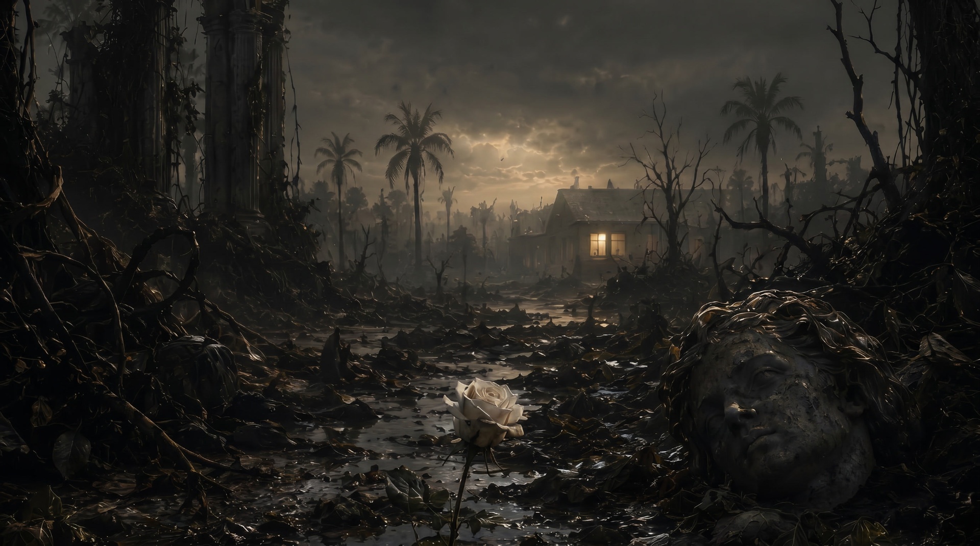 A decayed garden at dusk: dead twisted trees frame ruins, a white rose grows from black mud, a half-buried statue head, a small house with a lit window in the distance.